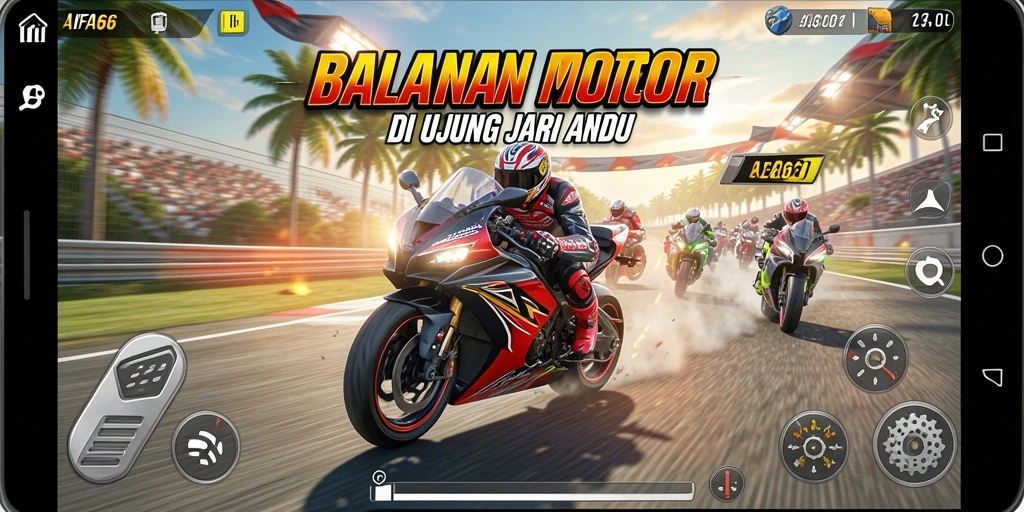 Screenshot gameplay AIFA66 menampilkan balapan motor penuh aksi.