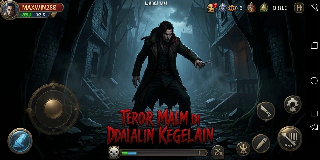 Screenshot gameplay <strong>MAXWIN288</strong> menunjukkan suasana horor yang mencekam.