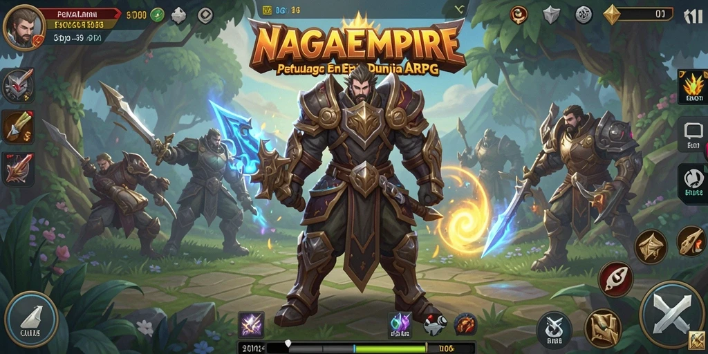 Screenshot gameplay NAGAEMPIRE menampilkan pertarungan heroik dan karakter yang mendebarkan.