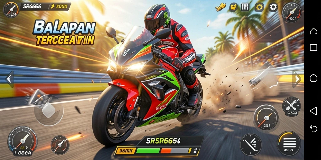 Tampilan gameplay SR6666 menunjukkan balapan motor yang intens dan menegangkan.